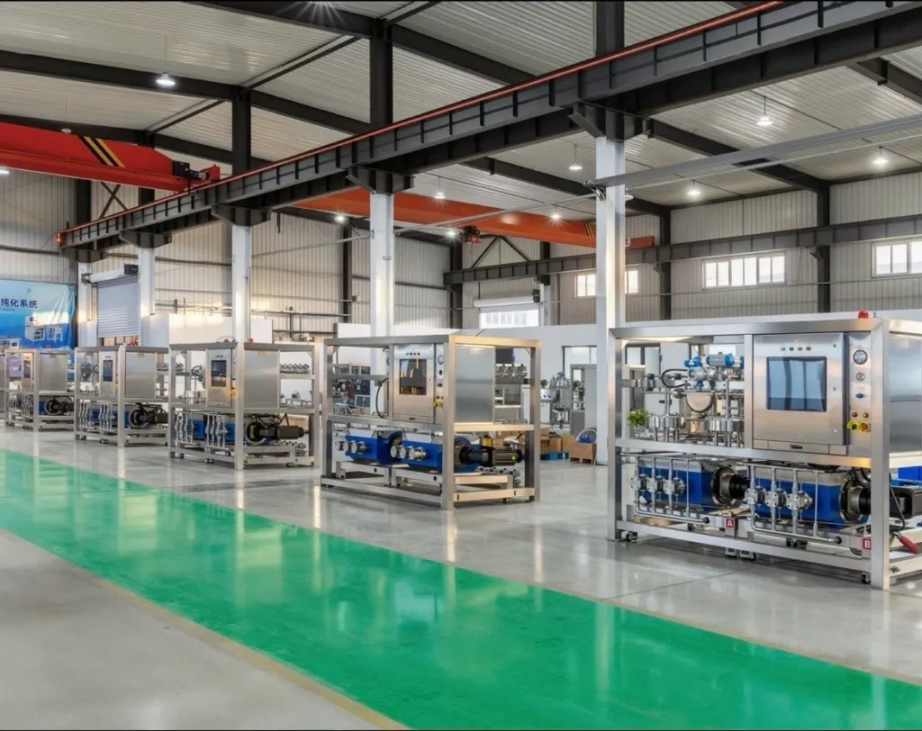 DSP Instruments factory floor with commercial HPLC skids and blue pump assemblies