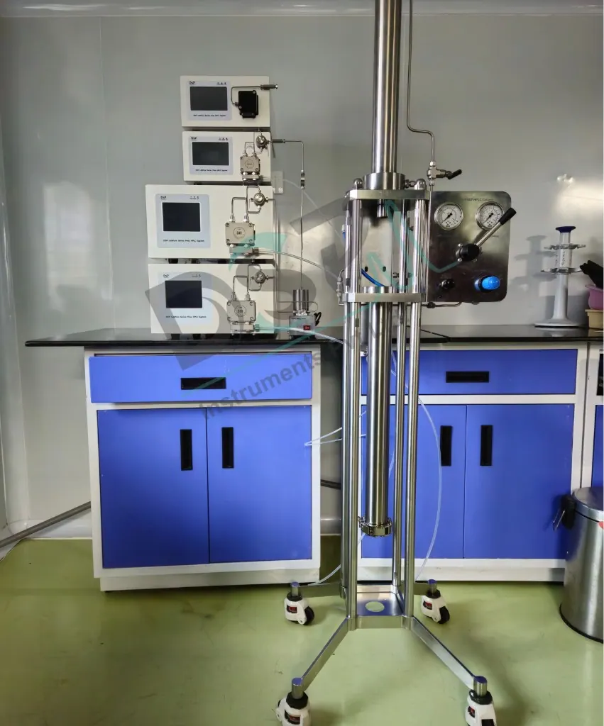 Preparative chromatography column with modular pump stack on a laboratory bench
