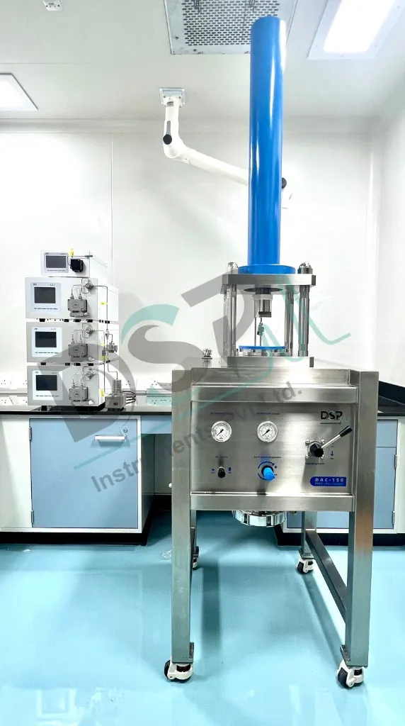 DAC-150 Prep HPLC column with blue cylinder and modular pump stack in a laboratory