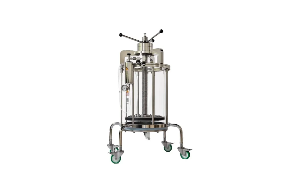 Manual glass chromatography column on mobile stand